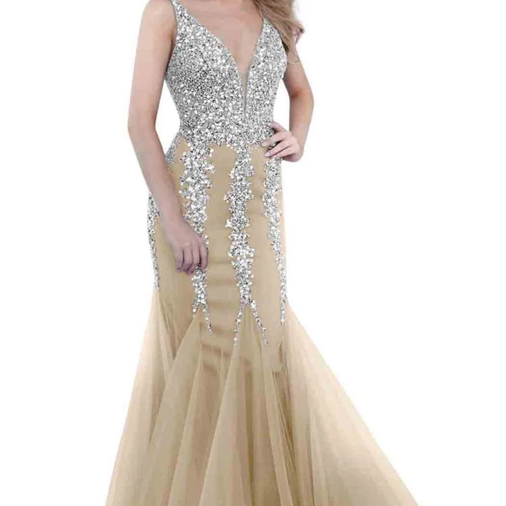 Jovani Tan Sequin Embellished Prom Gown